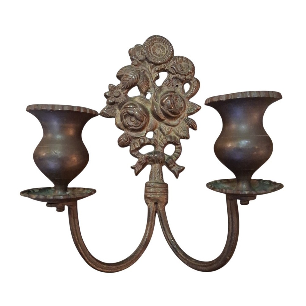 Vtg Ornate Brass Floral Bow Theme Double Candlestick Holder Wall Mount Decor 8"t